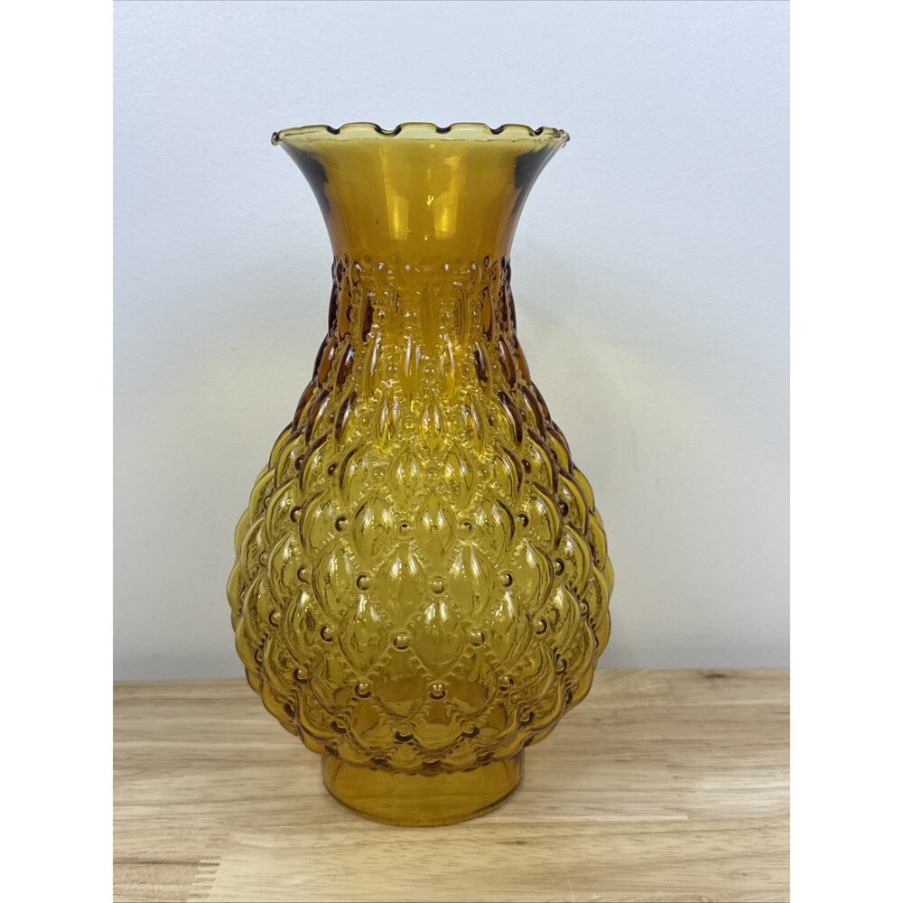 Vintage Amber Quilted Hurricane Lamp Shade 9” Glass MCM
